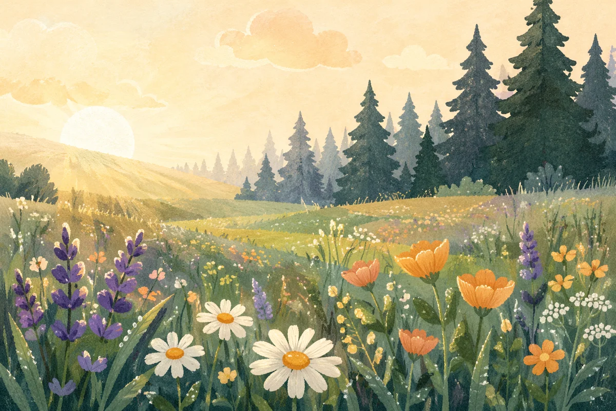 Wildflower Meadow at Misty Evergreen Sunrise