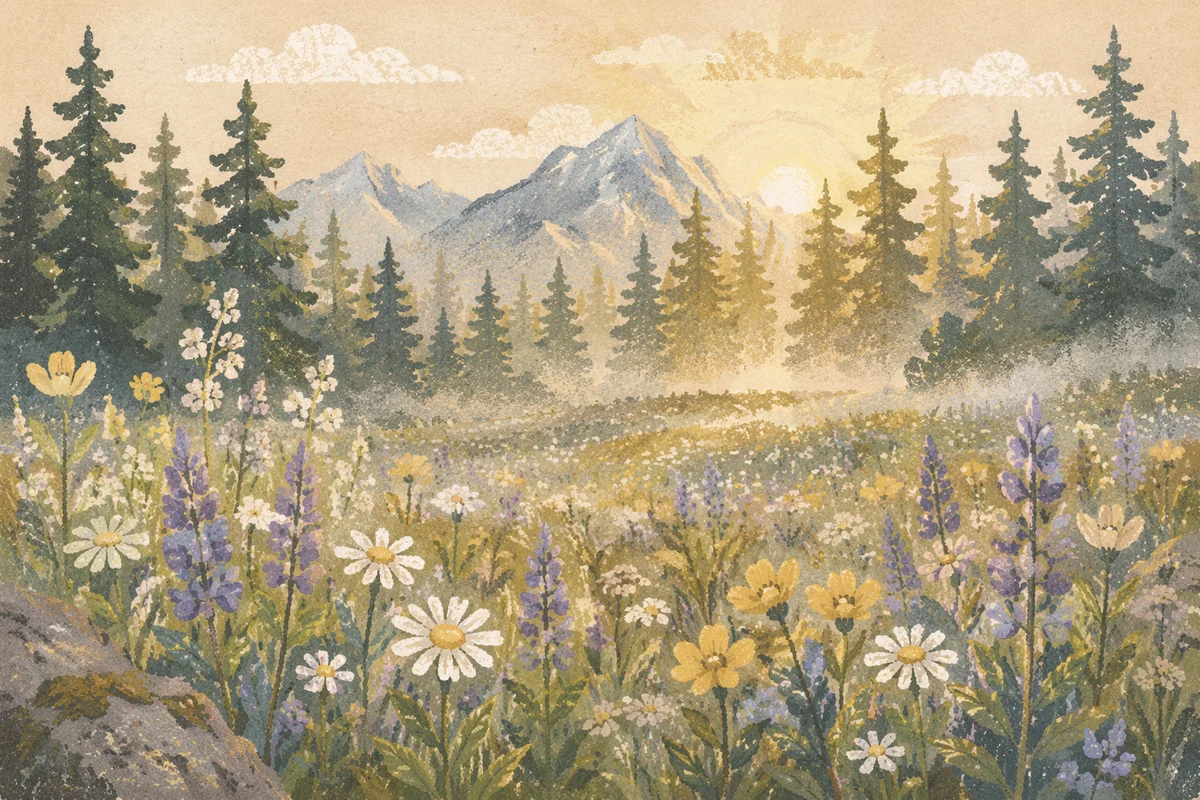 Wildflower Meadow with Evergreens at Dawn