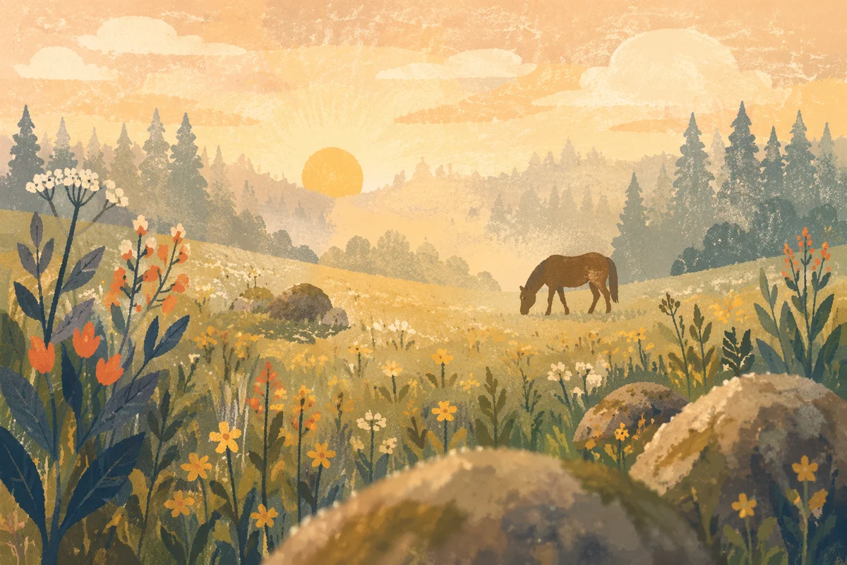 Wildflower Meadow at Dawn with Evergreens