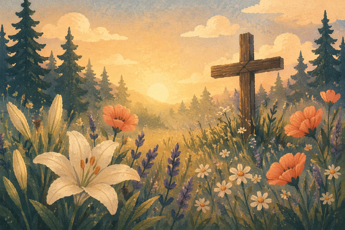 Morning Wildflower Meadow with Wooden Cross