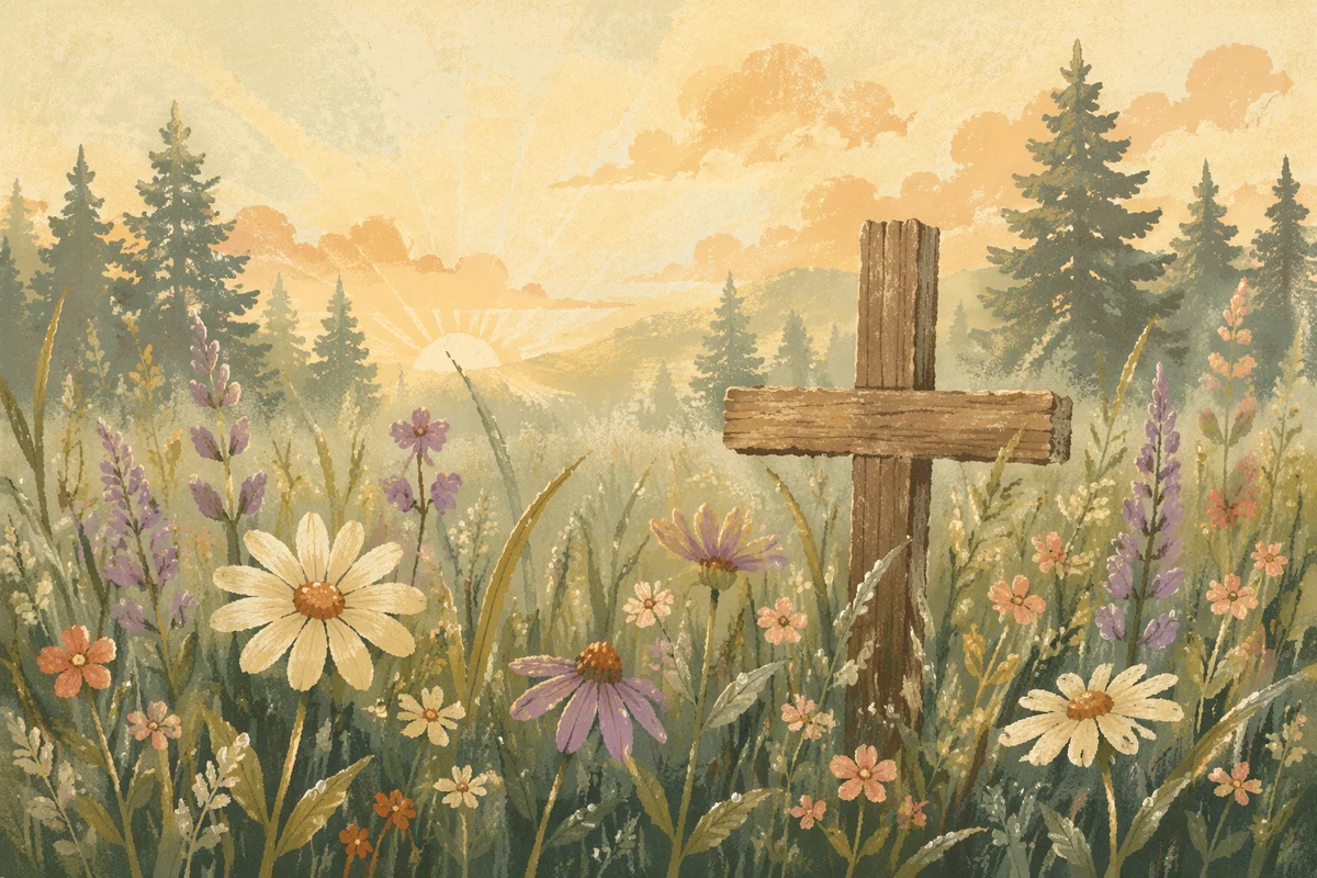 Weathered Cross Among Dawn Meadow Wildflowers