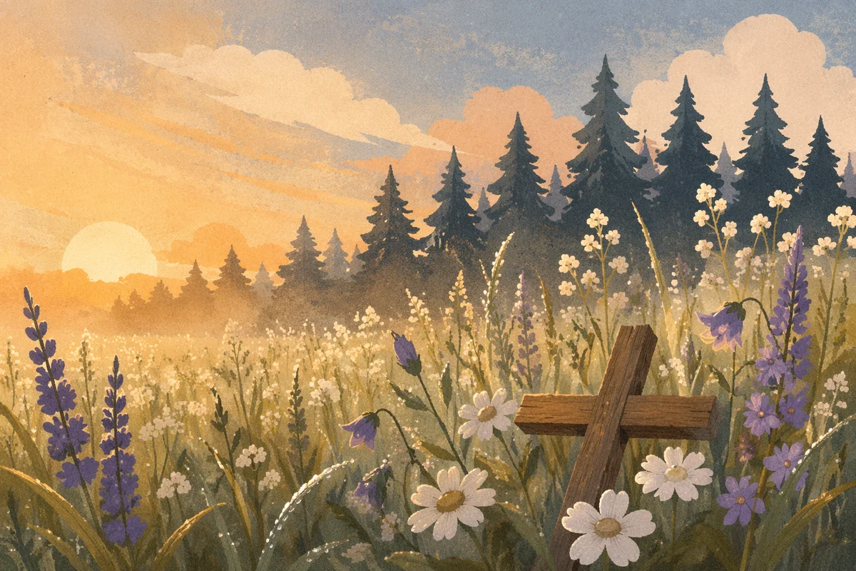 Morning Wildflower Meadow with Wooden Cross