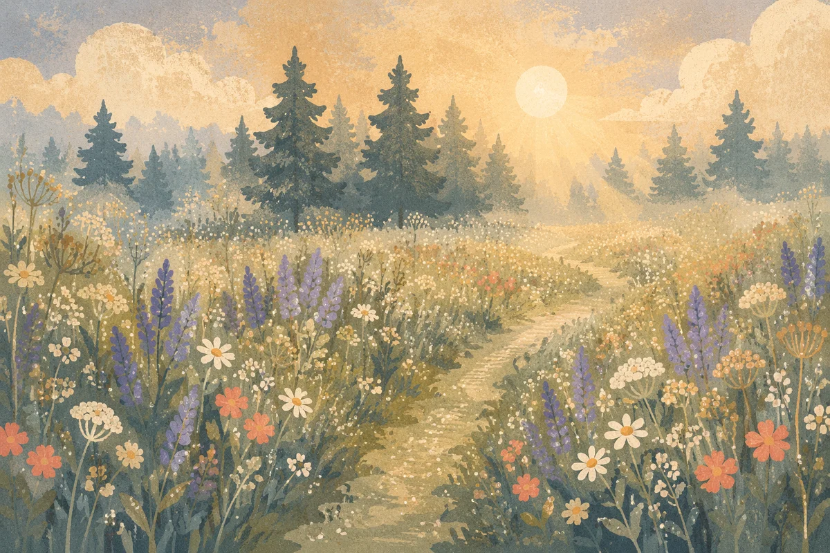 Dawn Wildflower Meadow with Evergreen Path