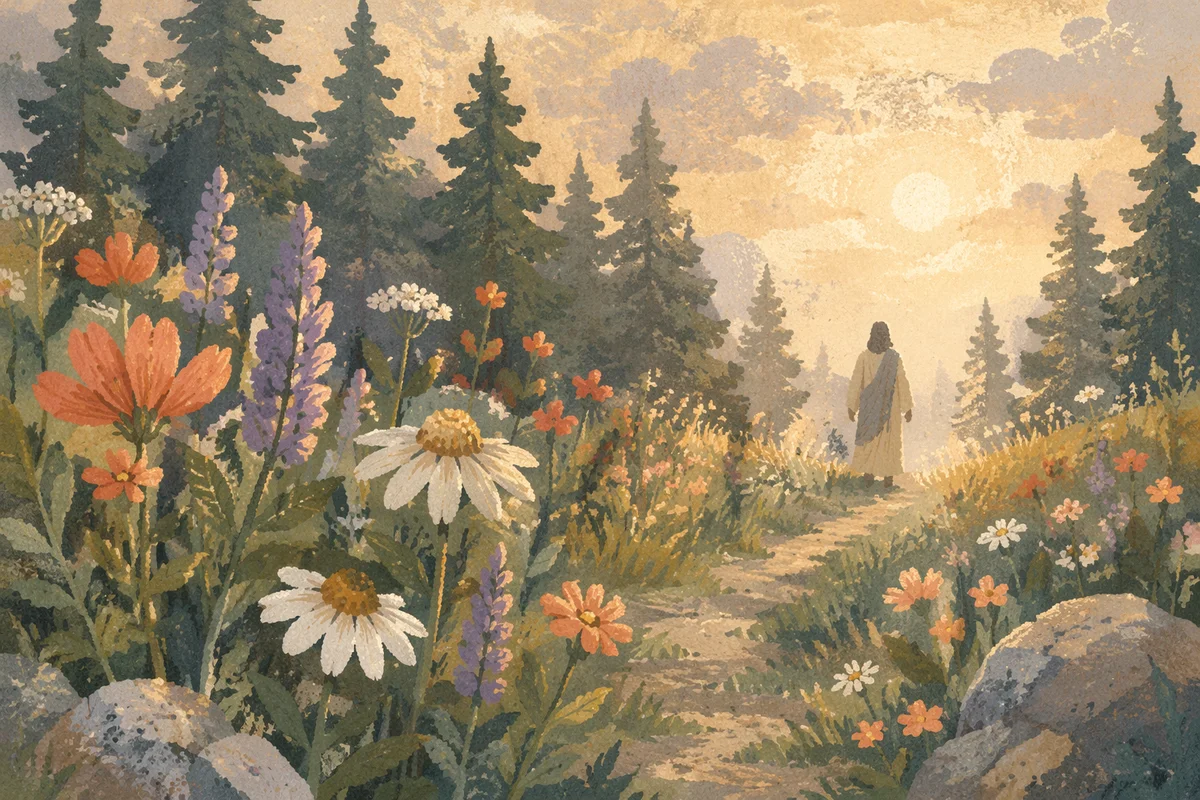 Dawn Wildflower Meadow with Evergreen Pines