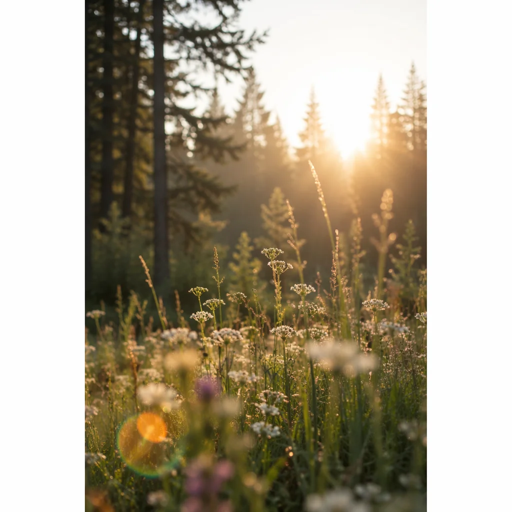 Morning Wildflower Meadow by Evergreen Forest