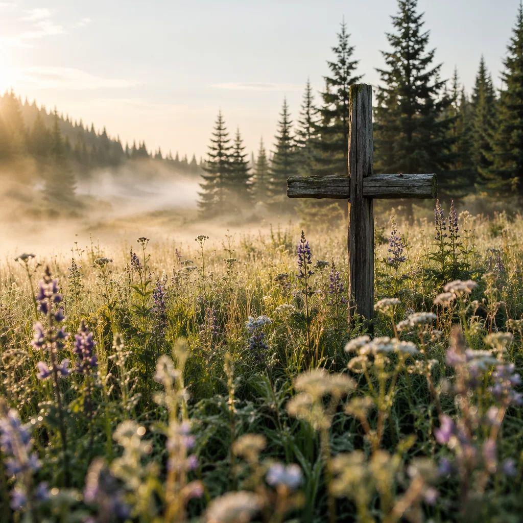 Wildflower Meadow Cross in Morning Light