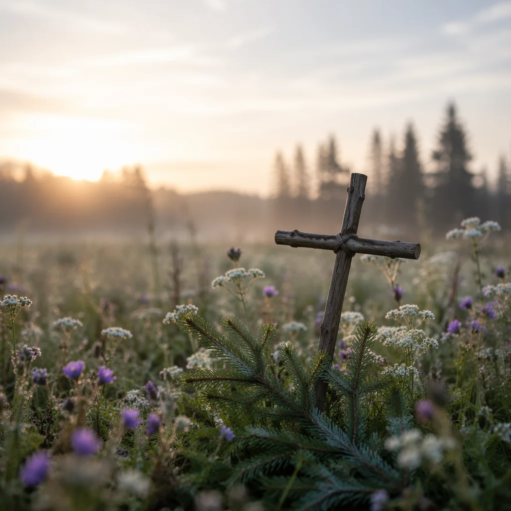 Wildflower Meadow Cross in Morning Light