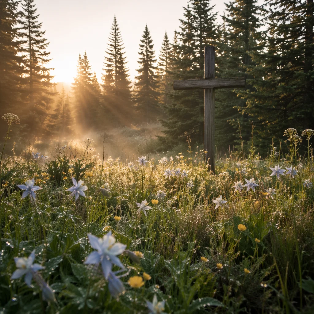 Morning Wildflower Meadow With Wooden Cross
