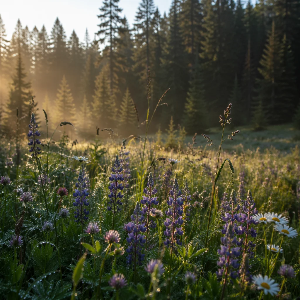 Wildflower Meadow by Evergreen Forest Dawn