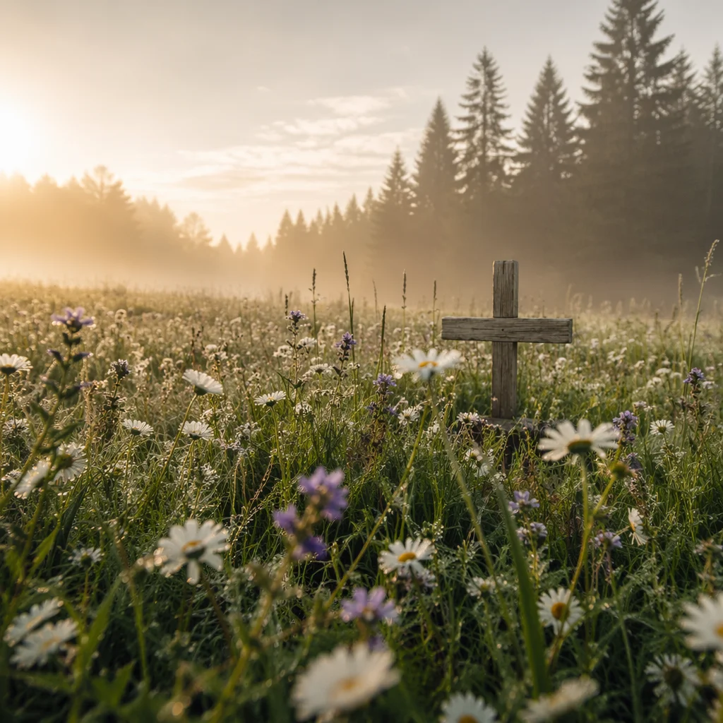 Wooden Cross in Misty Wildflower Meadow