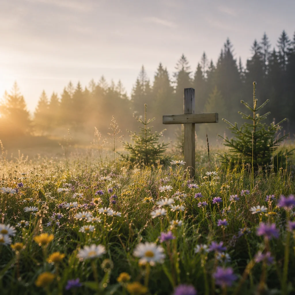 Wildflower Meadow Cross in Morning Light