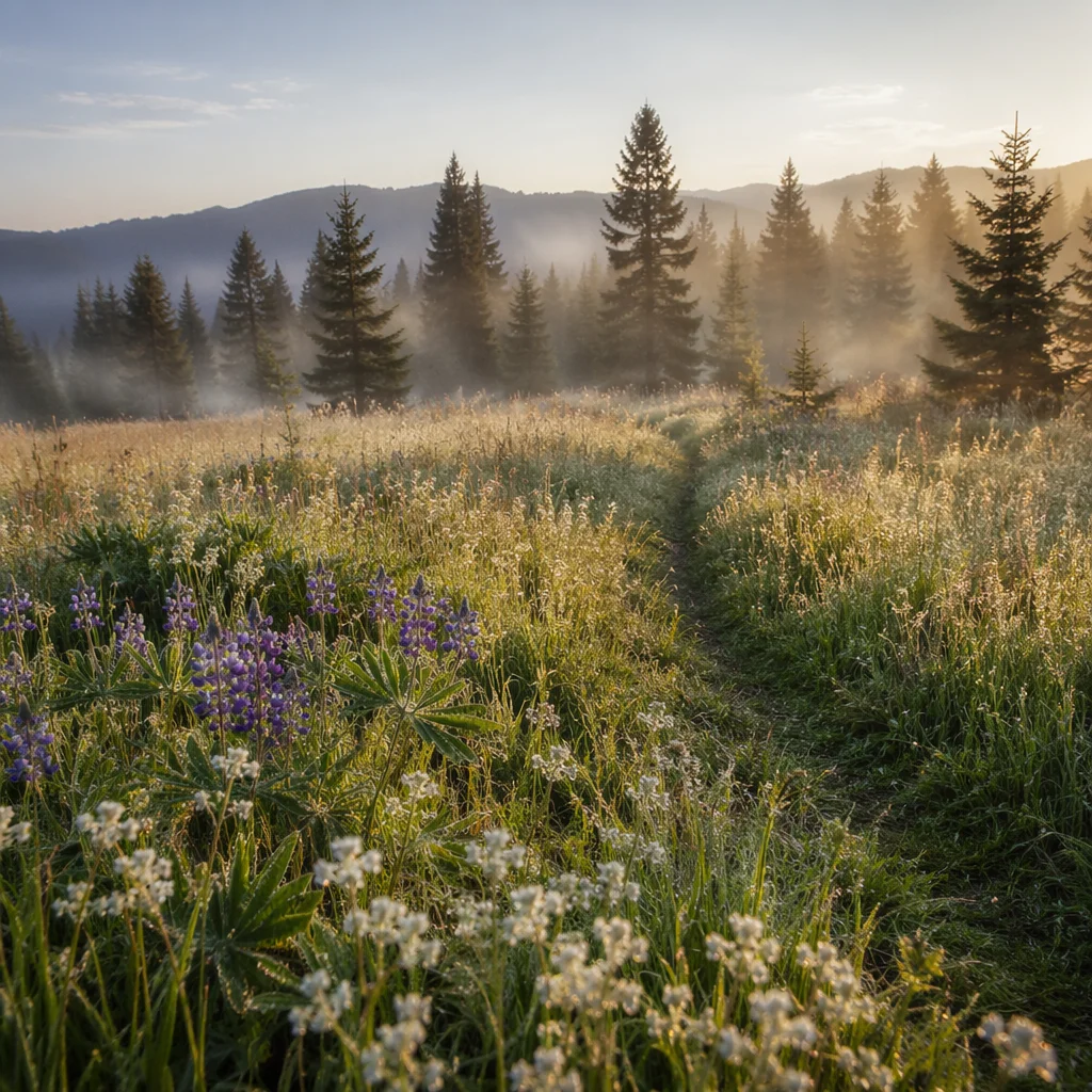 Dawn Wildflower Meadow with Evergreen Trees