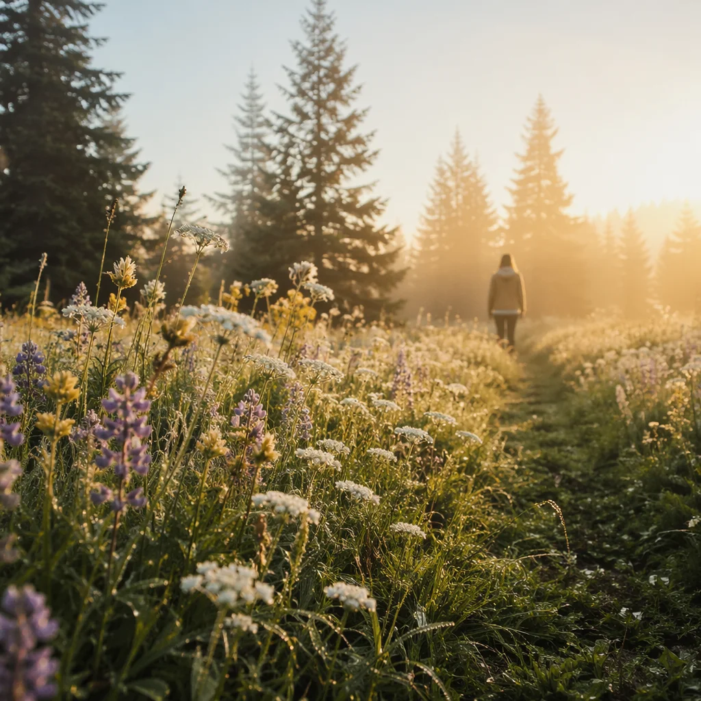 Dawn Wildflower Meadow with Evergreen Pines