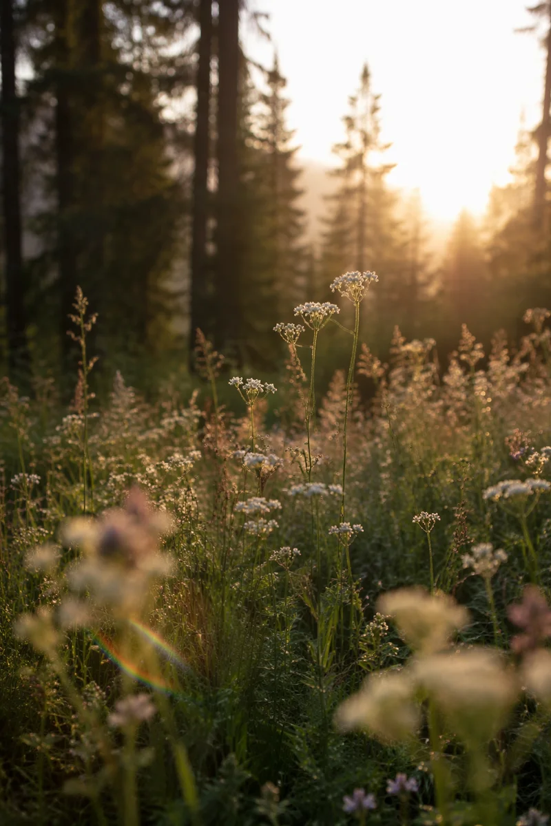 Morning Wildflower Meadow by Evergreen Forest