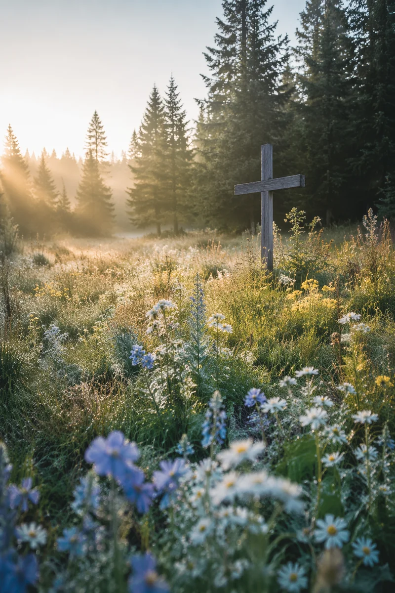 Morning Wildflower Meadow With Wooden Cross