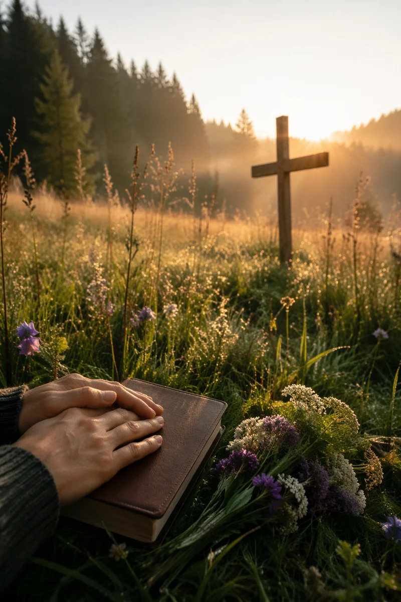 Morning Wildflower Meadow with Hidden Wooden Cross