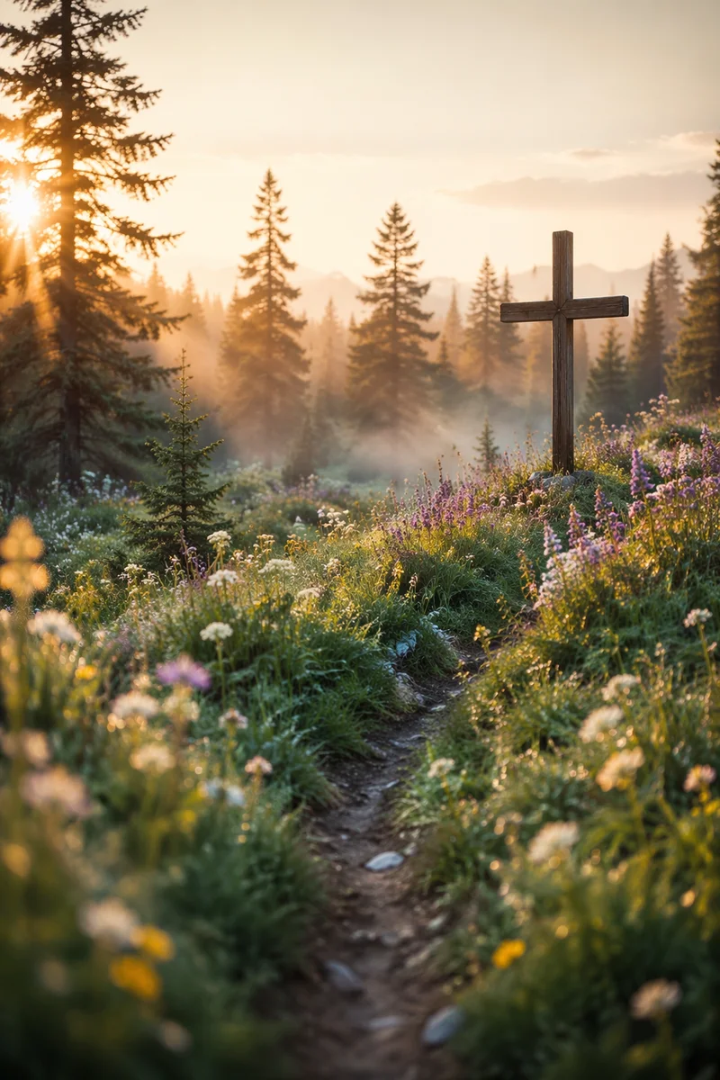 Morning Wildflower Meadow With Wooden Cross