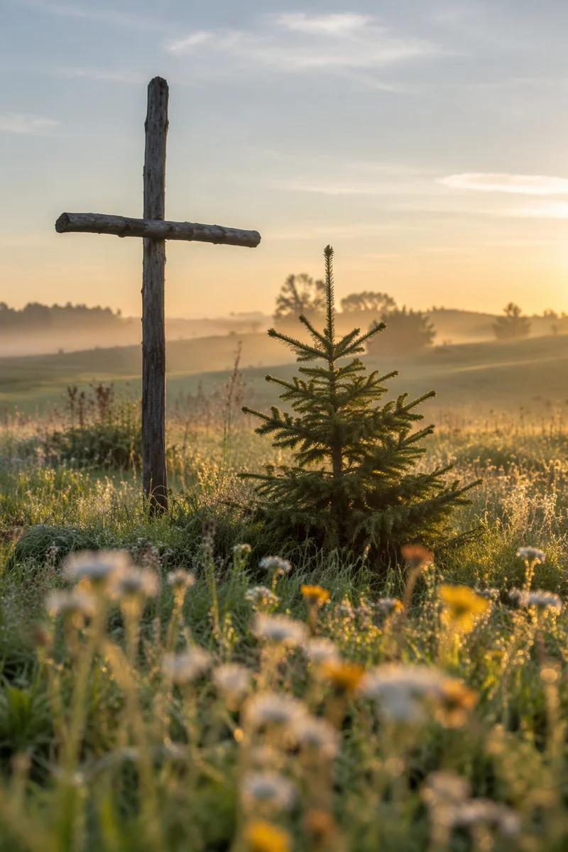 Evergreen Sapling Beside Cross in Wildflower Meadow