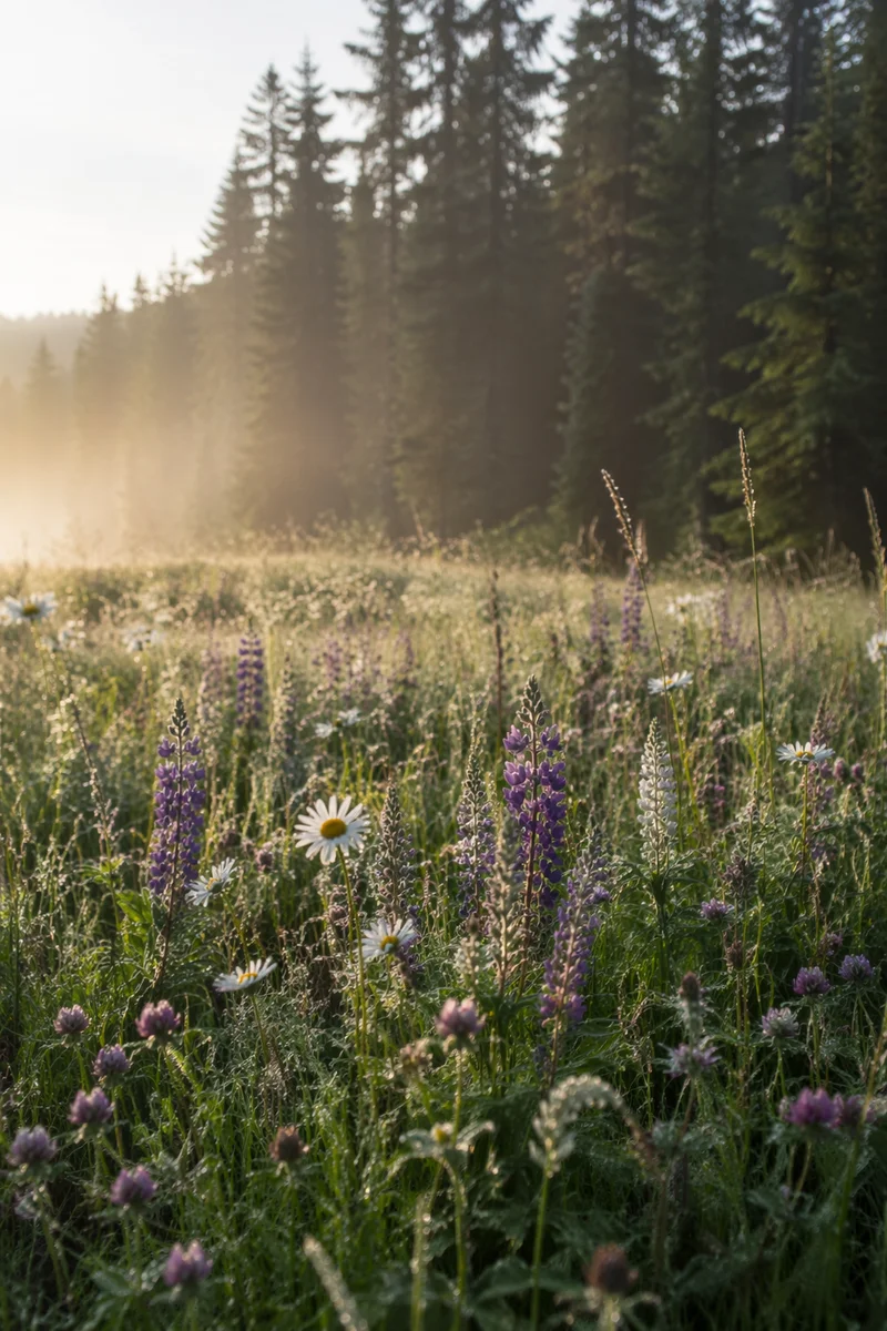 Wildflower Meadow by Evergreen Forest Dawn
