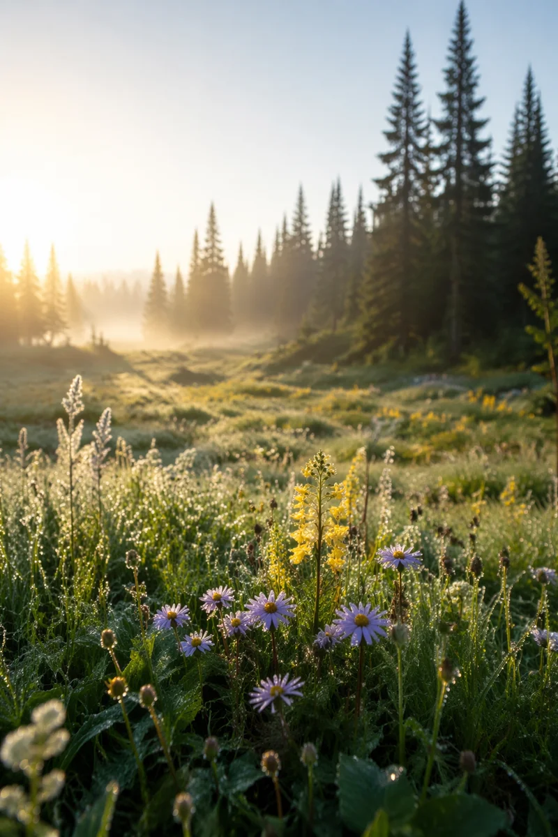 Wildflower Meadow at Misty Evergreen Sunrise