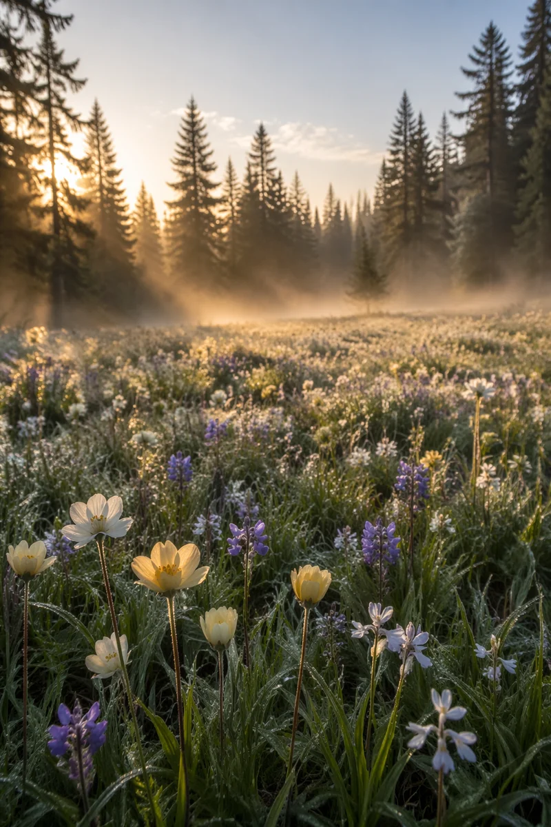 Wildflower Meadow with Evergreens at Dawn