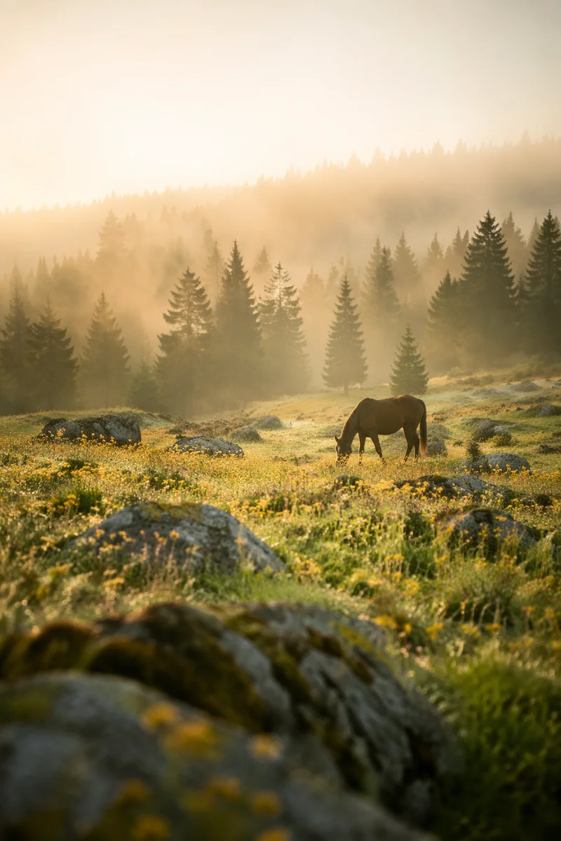 Wildflower Meadow at Dawn with Evergreens