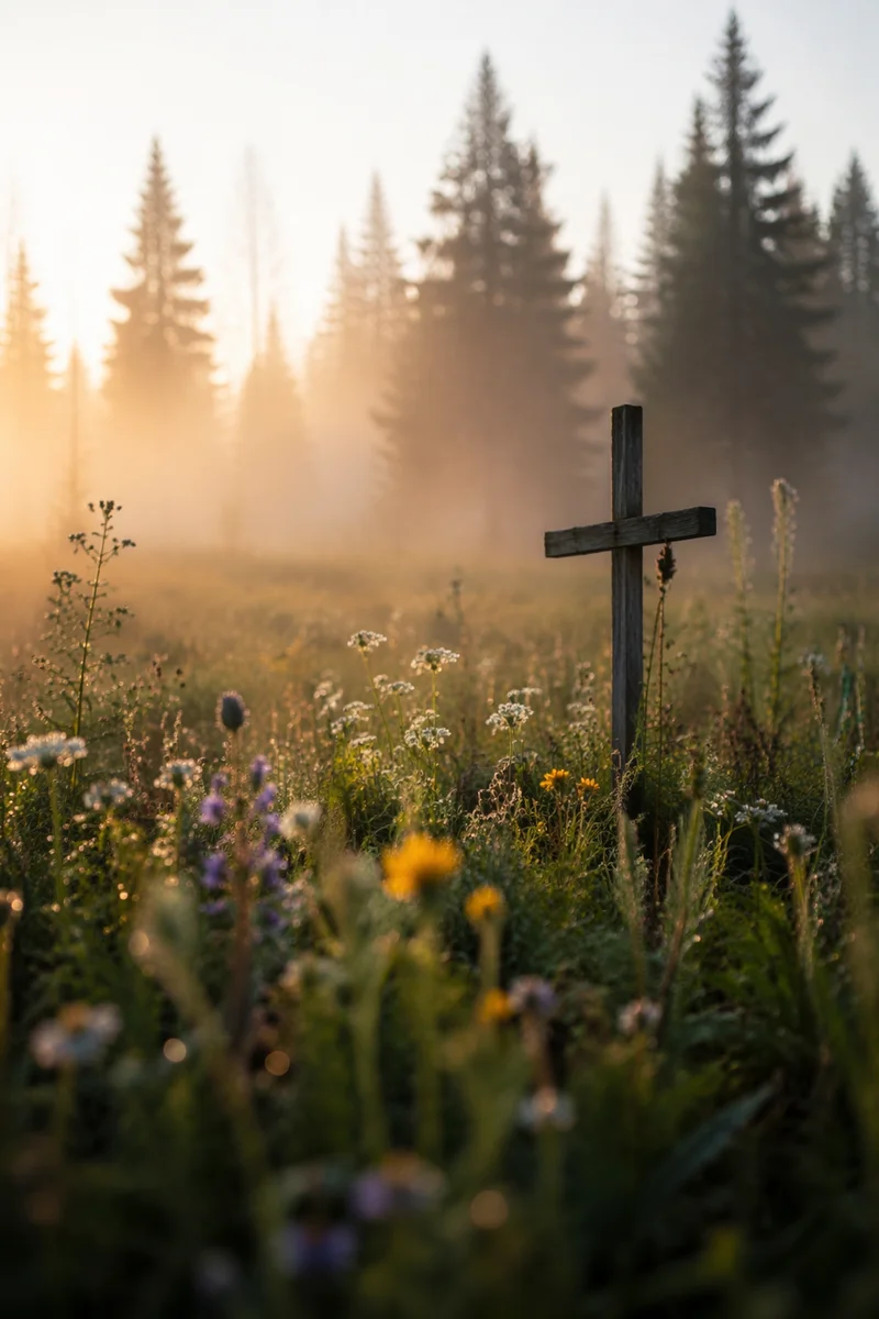 Wildflower Meadow Cross in Morning Light