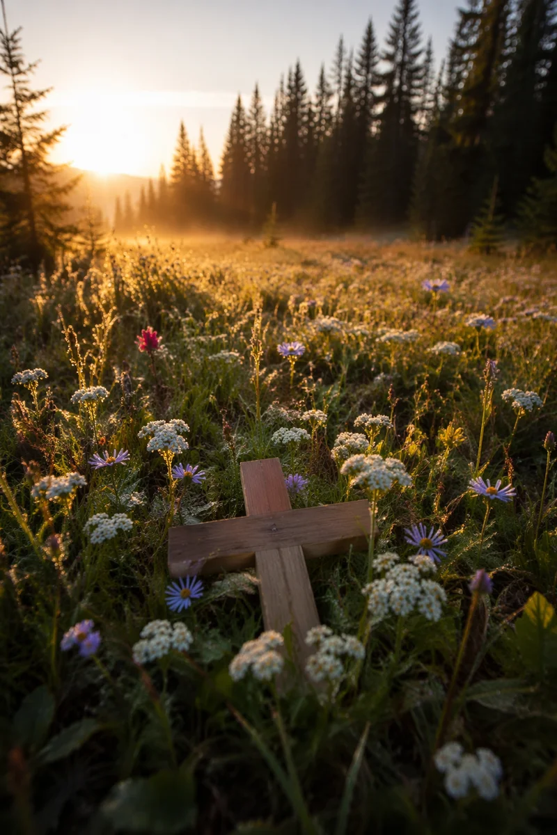 Morning Wildflower Meadow with Wooden Cross