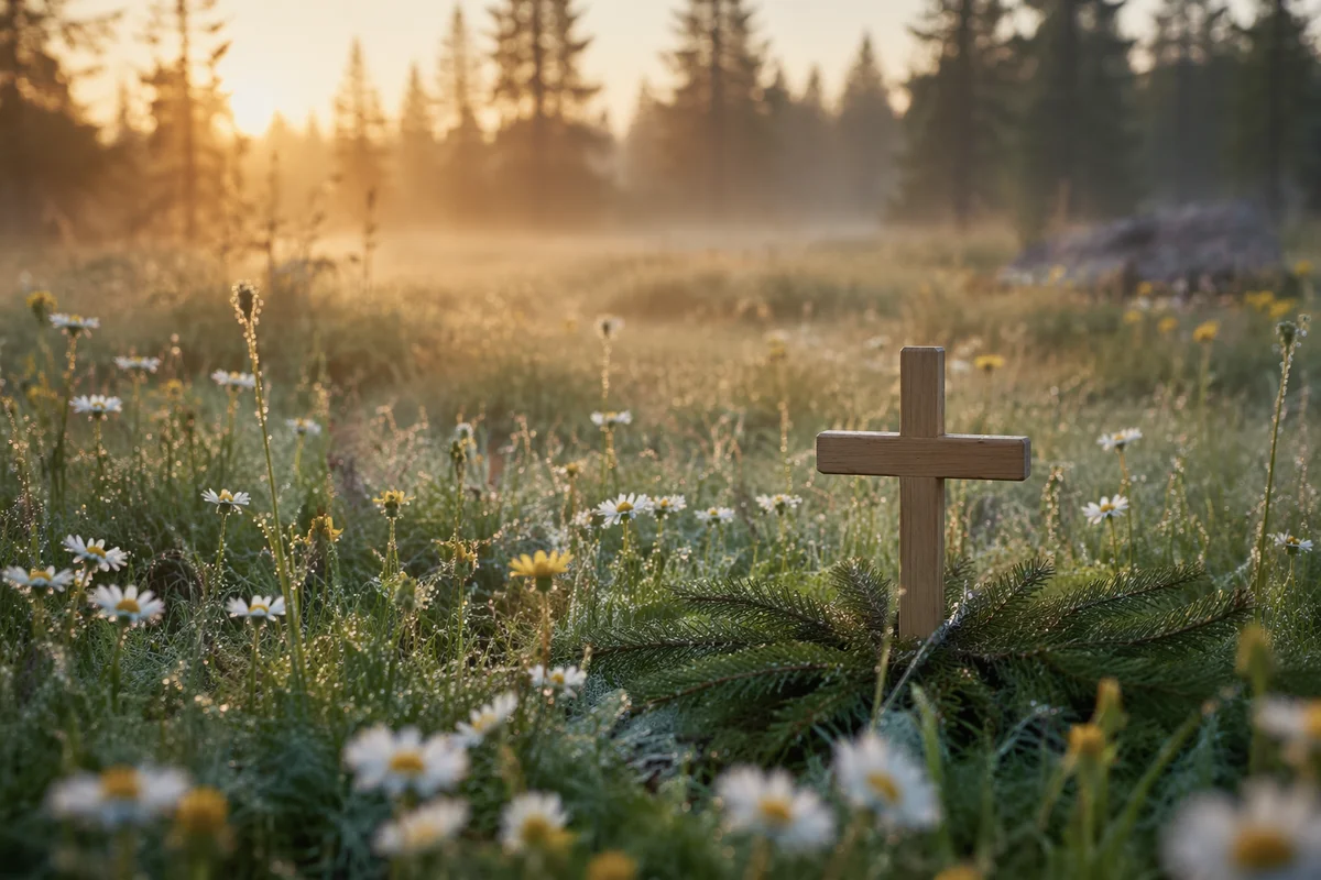 Wooden Cross in Morning Wildflower Meadow