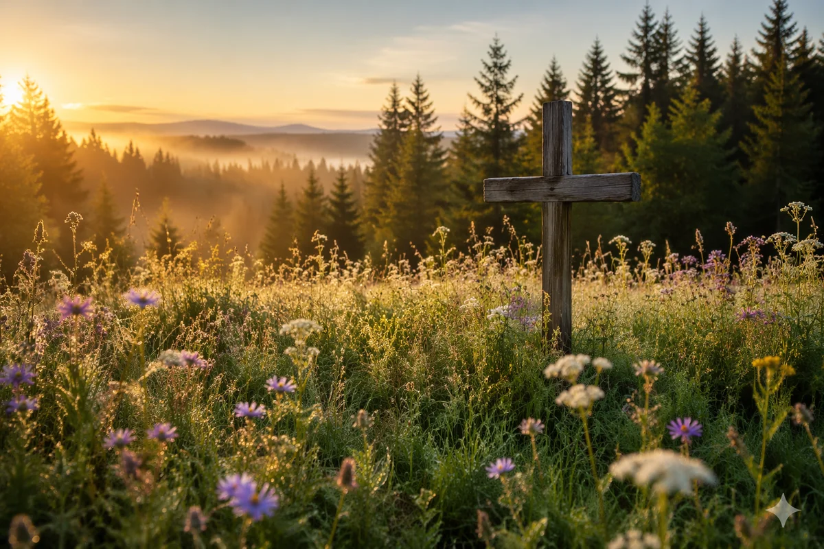 Wooden Cross in Wildflower Meadow Sunrise