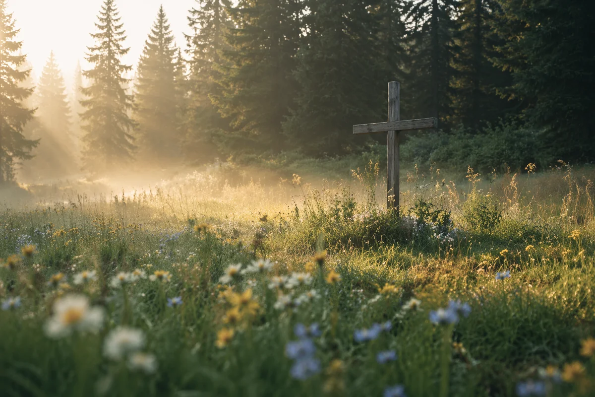 Morning Wildflower Meadow with Wooden Cross