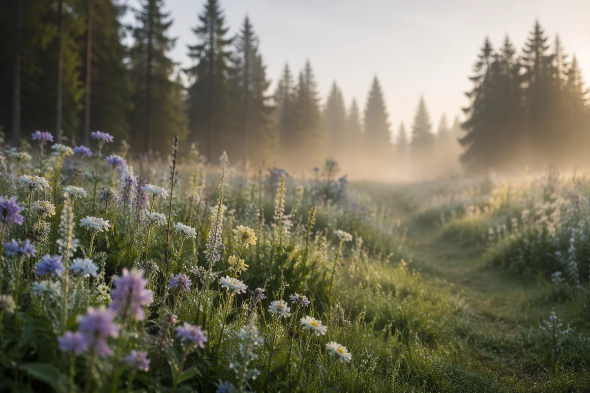 Morning Wildflower Meadow by Evergreen Trees