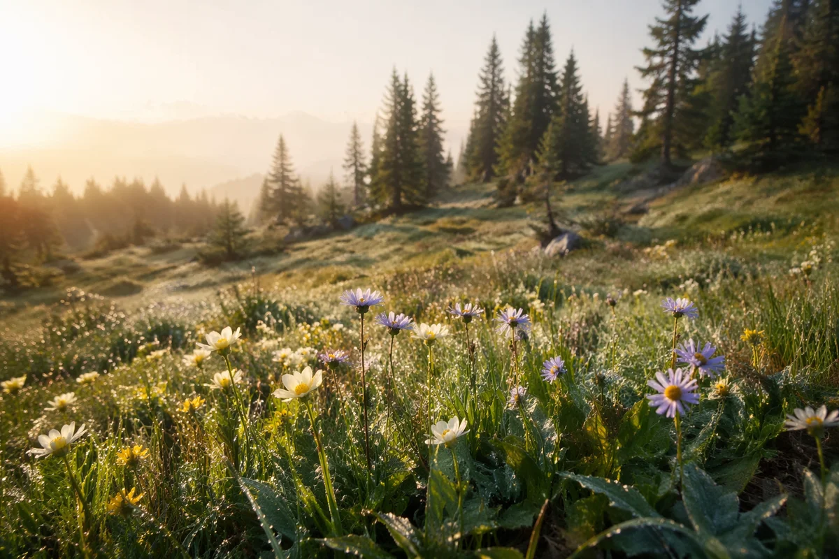 Misty Evergreen Wildflower Meadow at Sunrise