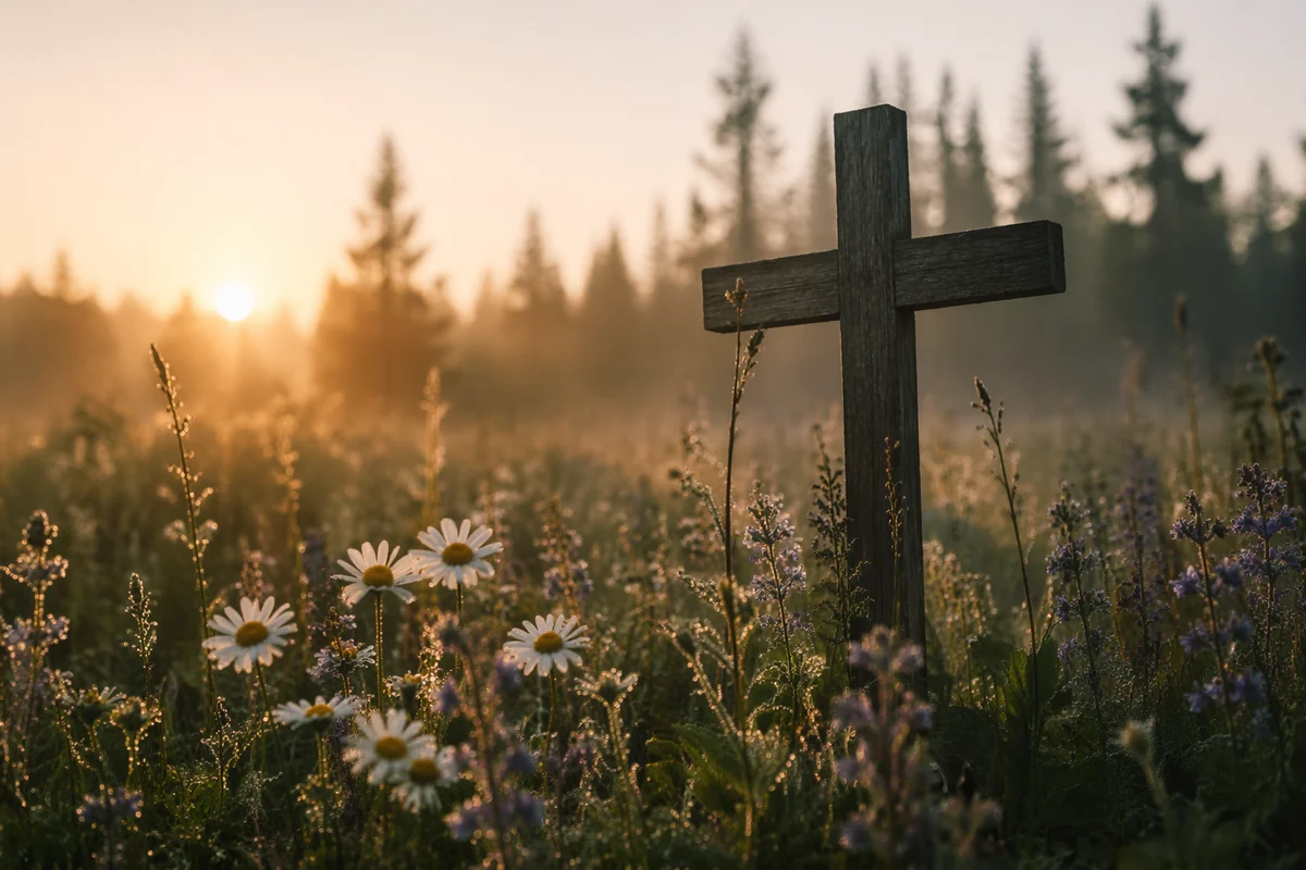 Morning Wildflower Meadow with Wooden Cross