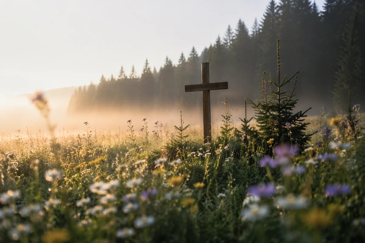 Wooden Cross in Wildflower Meadow Dawn