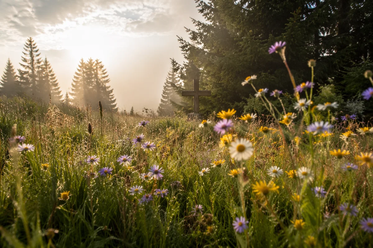 Dawn Wildflower Meadow with Hidden Cross
