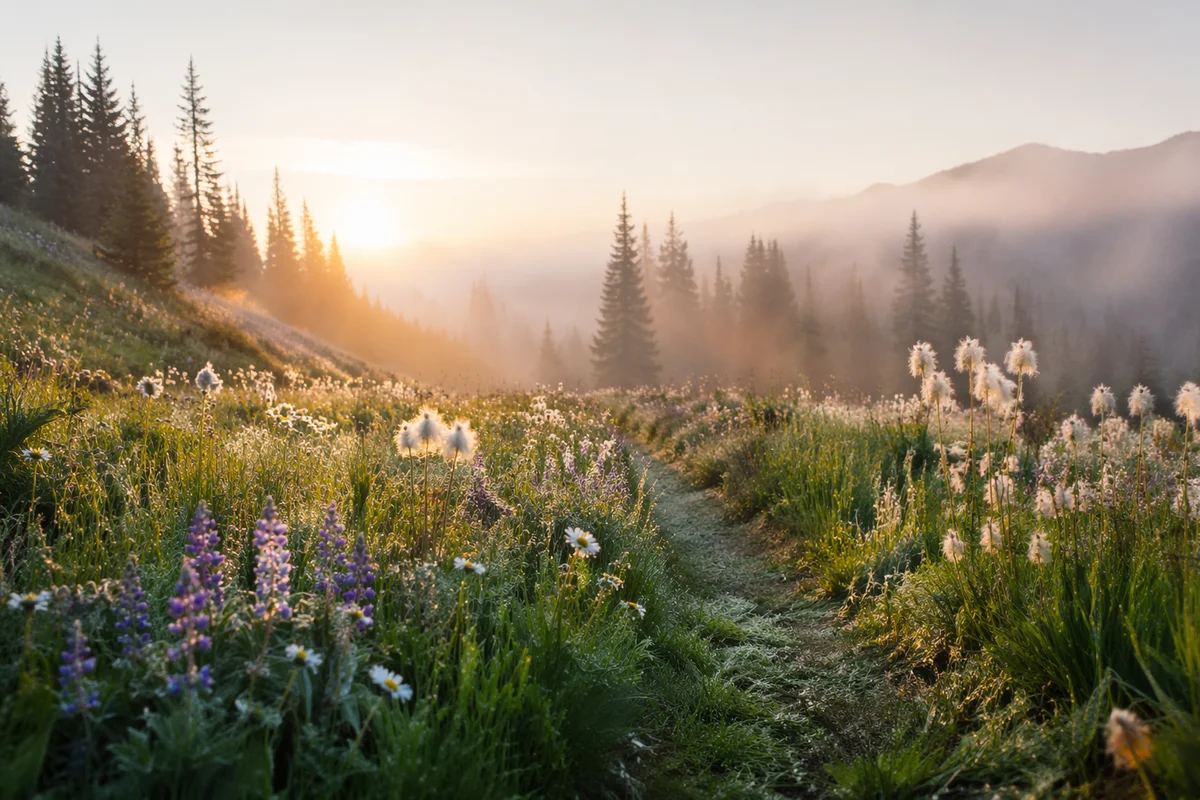Dawn Wildflower Meadow With Evergreen Trees