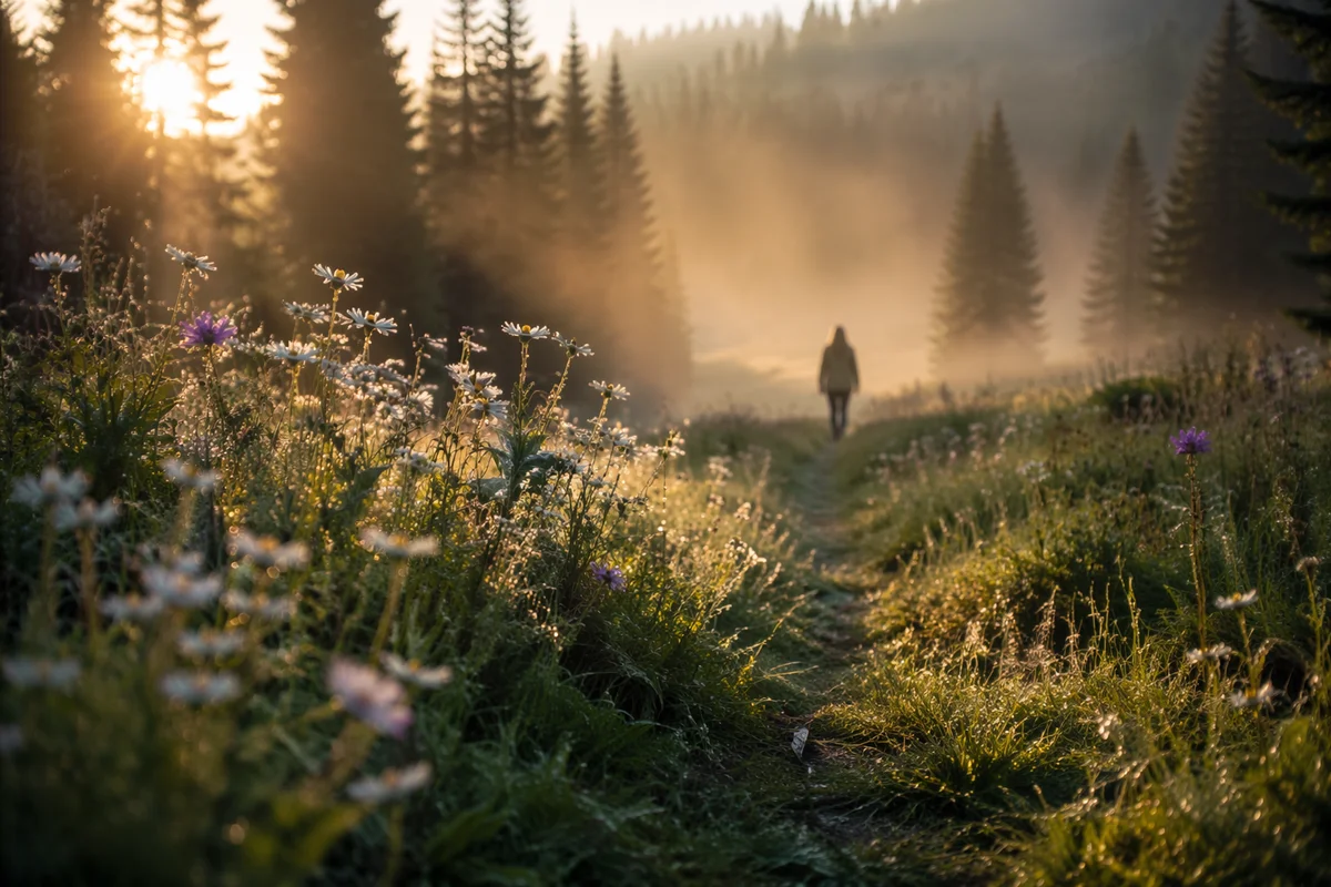 Dawn Wildflower Meadow with Evergreen Pines