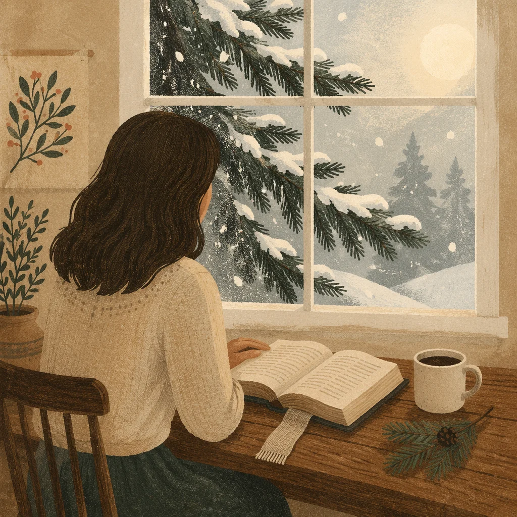 Quiet Bible Reading by Frosted Evergreen Window