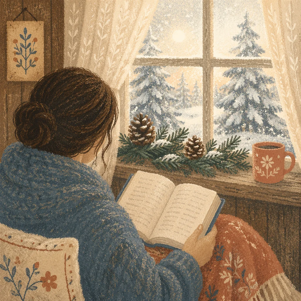 Woman Reading Bible by Winter Cottage Window
