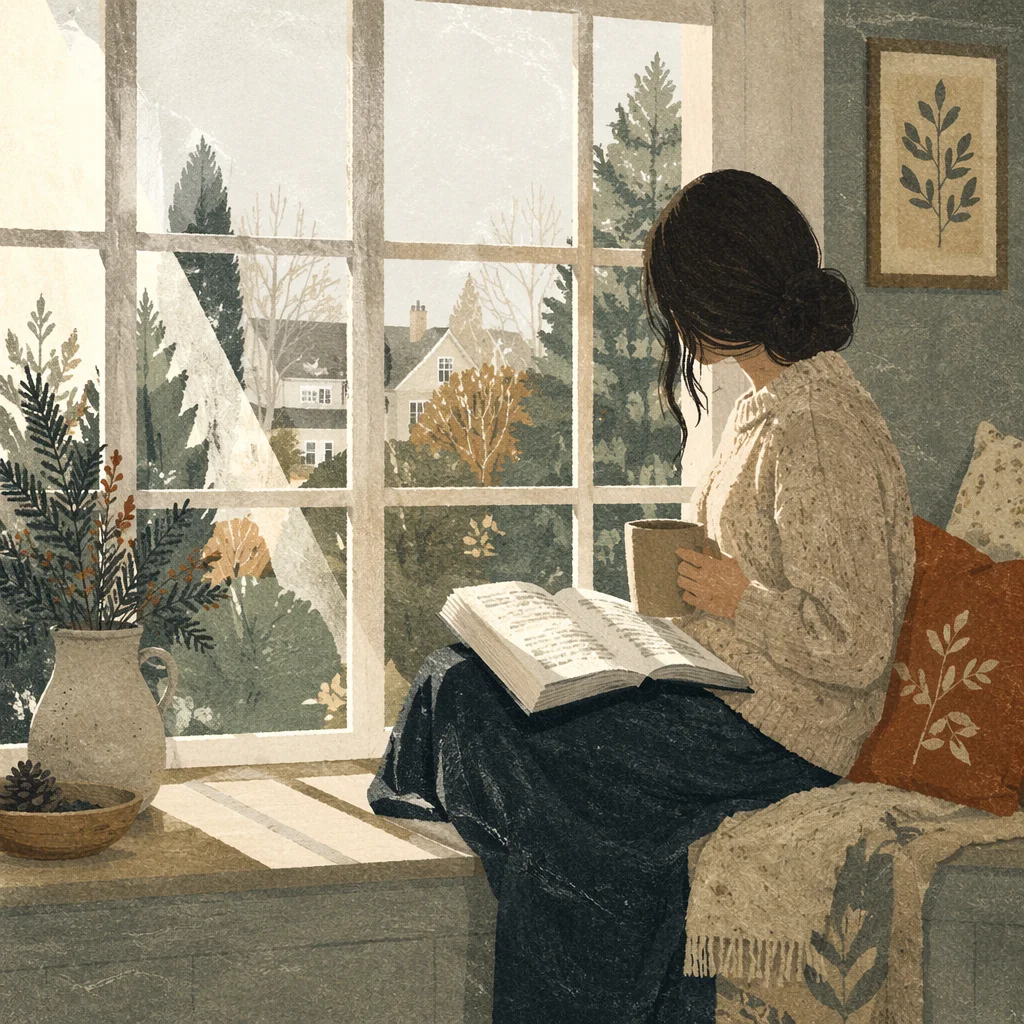 Woman Reading Bible Beside Evergreen Window