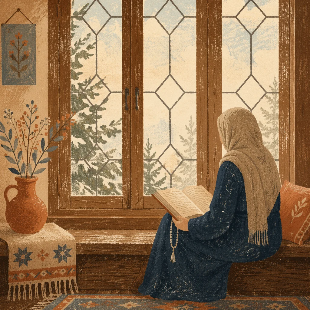 Woman Reading Bible by Winter Window
