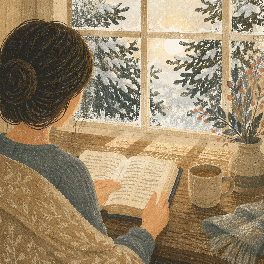 Woman Reading Bible Beside Snowy Window