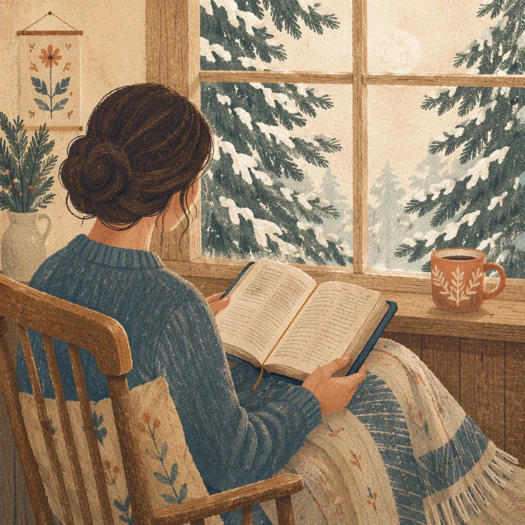 Woman Reading Bible by Snowy Evergreen Window