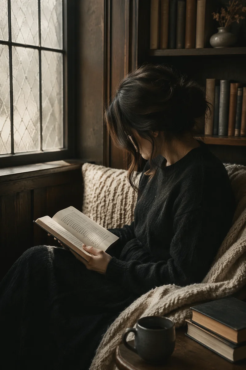 Woman Reading Bible by Frosted Window