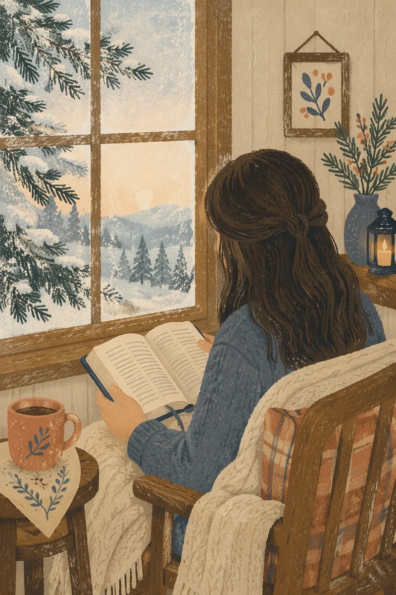 Woman Reading Bible by Snowy Evergreen Window