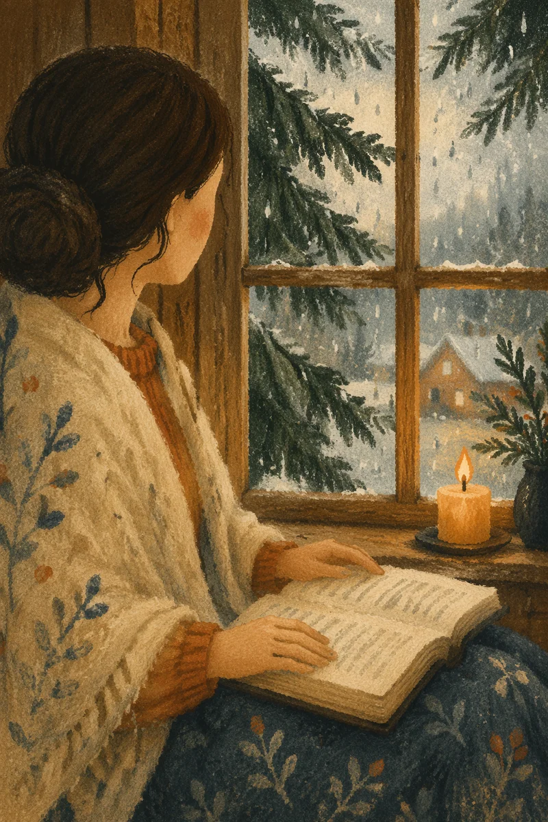 Woman Reading Bible by Rainy Cottage Window
