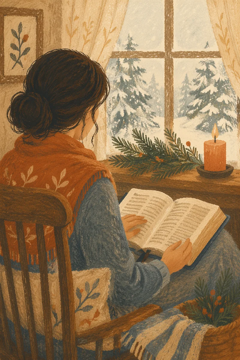 Woman Reading Bible by Frosted Cottage Window