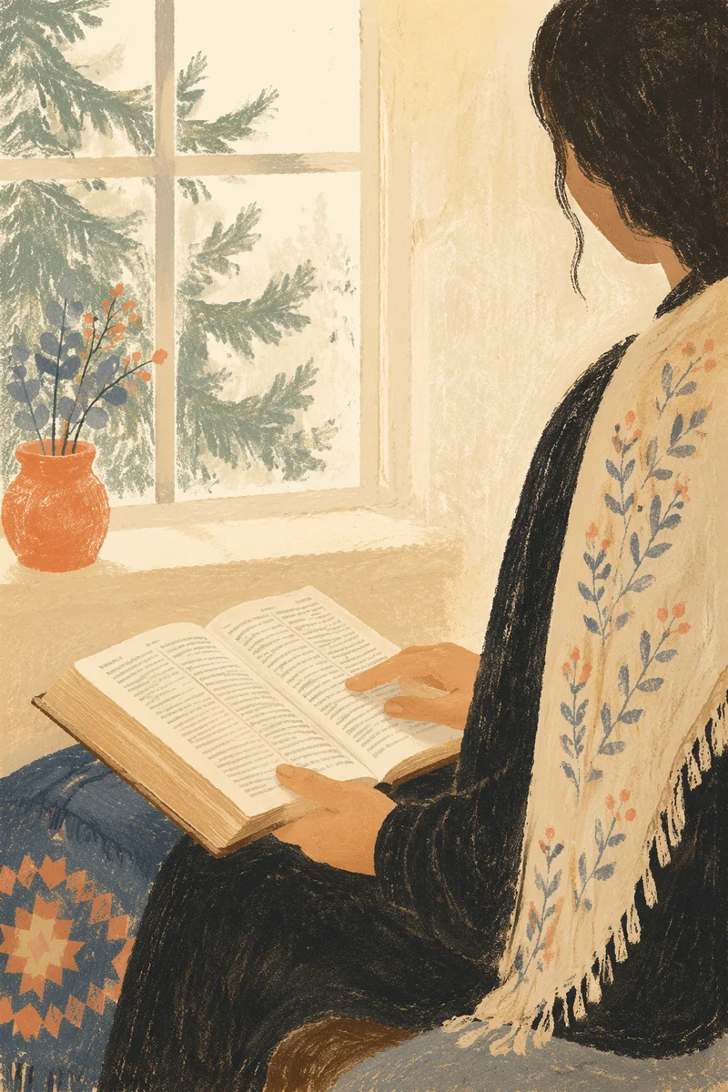 Woman Reading Bible by Bright Window