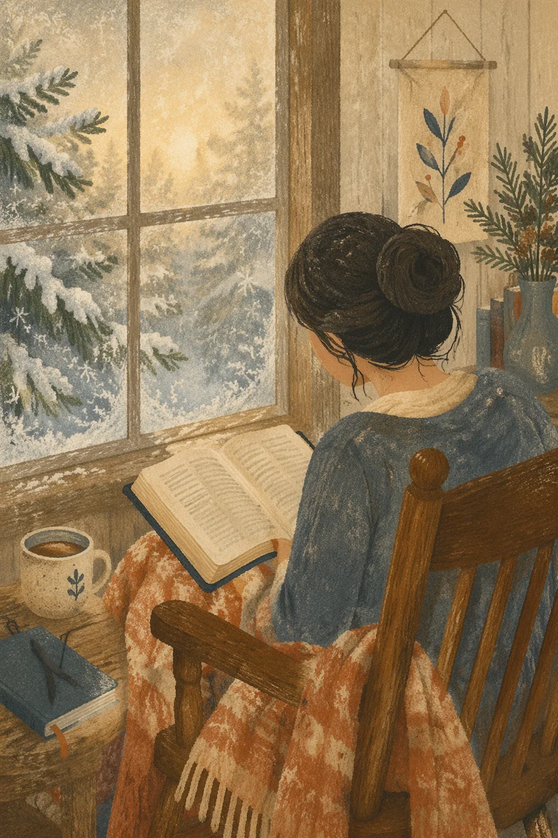 Woman Reading Bible by Snowy Evergreen Window